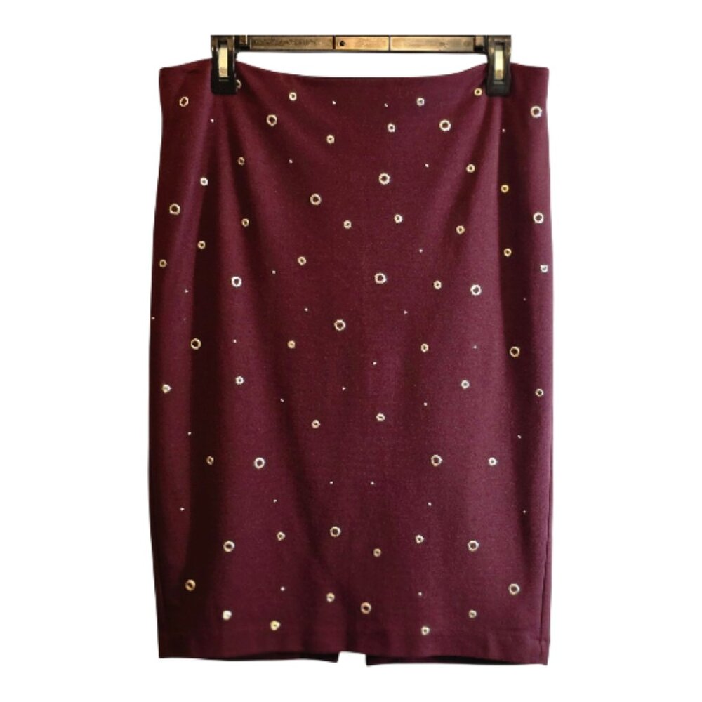 CARMEN MARC VALVO STRETCH BURGUNDY PENCIL SKIRT METAL GROMMETS SIZE 10 EDGY BOLD